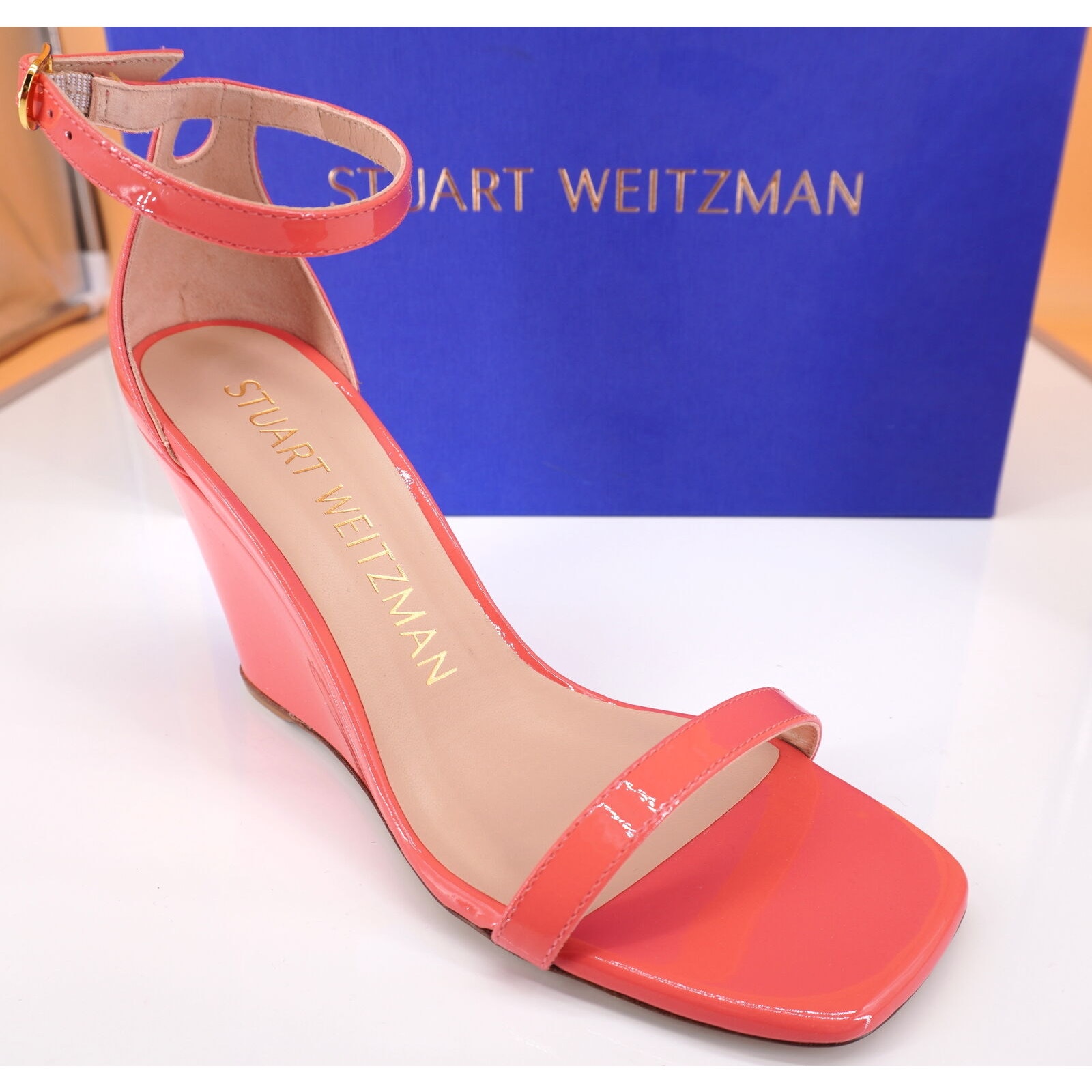 Stuart Weitzman Nudistcurve Wedge 85 Pink Patent Ankle Strappy Sandals Size 7